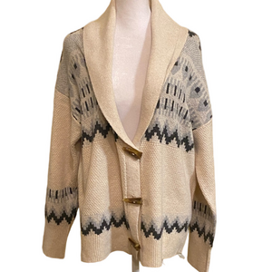 Frye Cardigan Cream and Gray Wood Toggle Buttons Large NWT